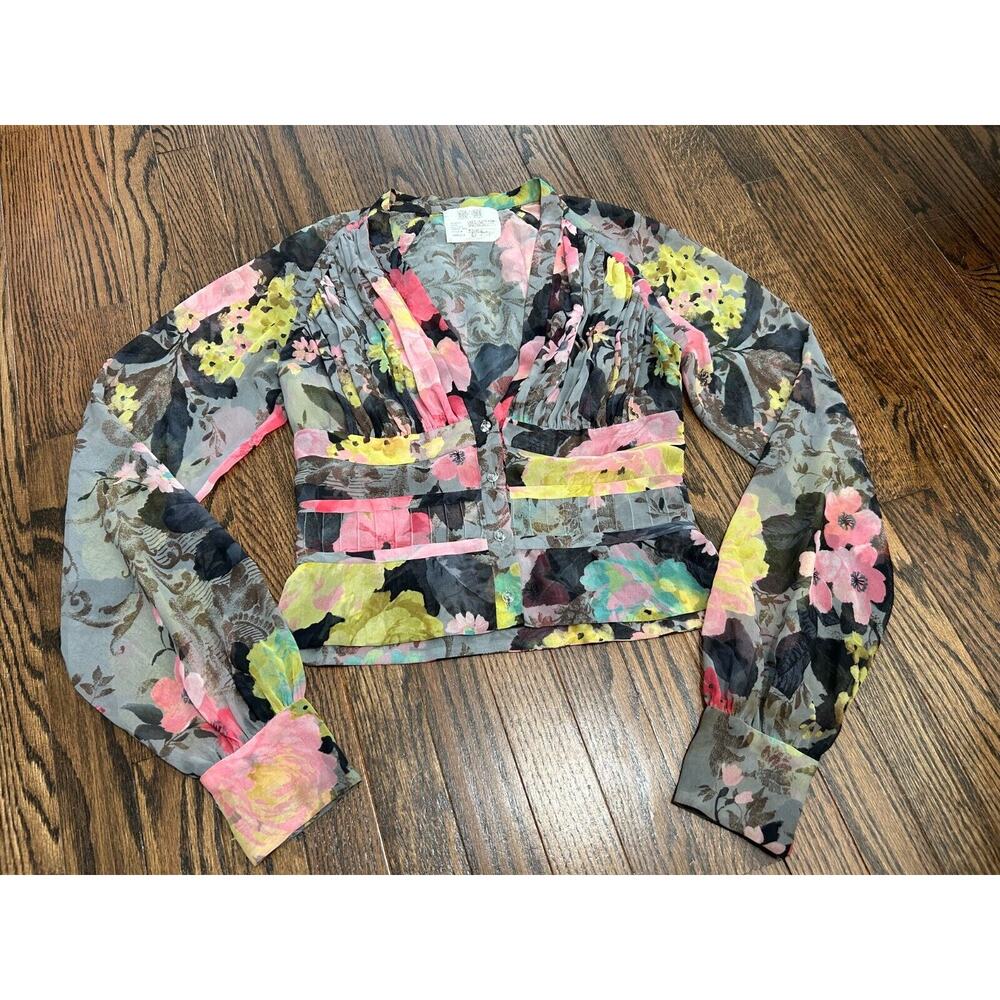 Tuleh Womens Multicolor Floral Semi Sheer Long Sleeve Cropped Button Blouse S?